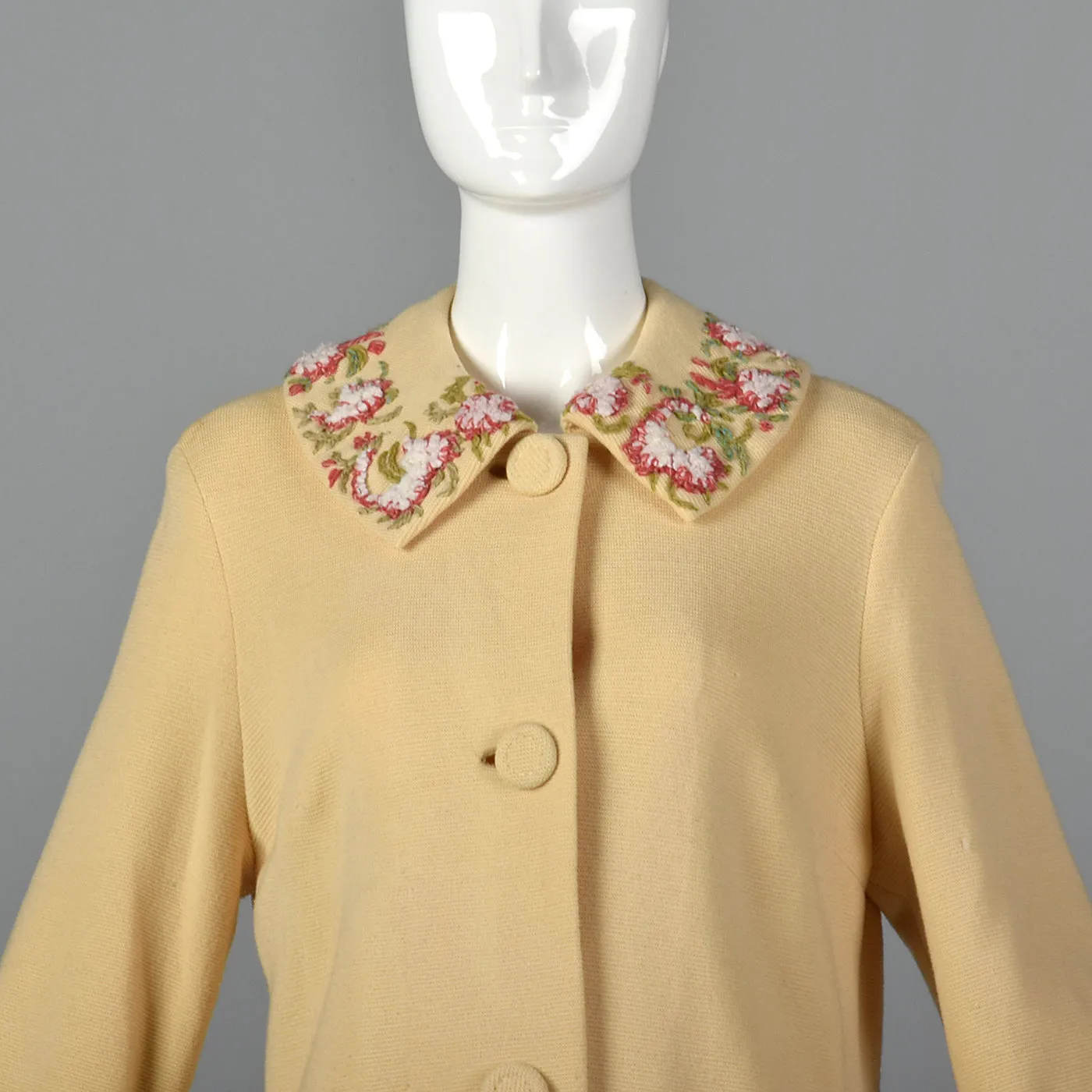 1960s Cream Knit Coat with Floral Embroidery Trim