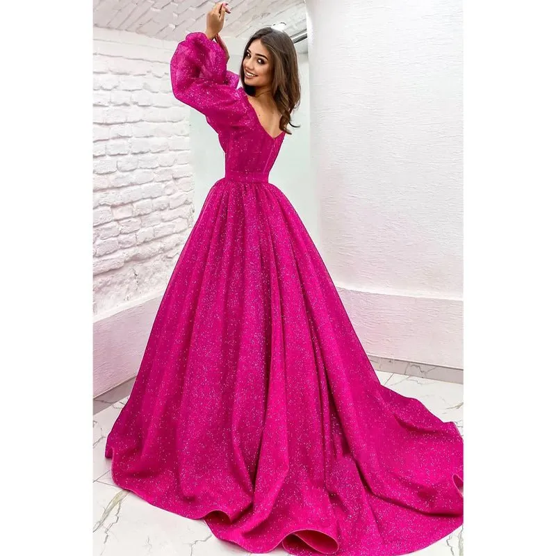 A-line Scoop Long Sleeves Fuchsia Sparkly Prom Dress with Pockets