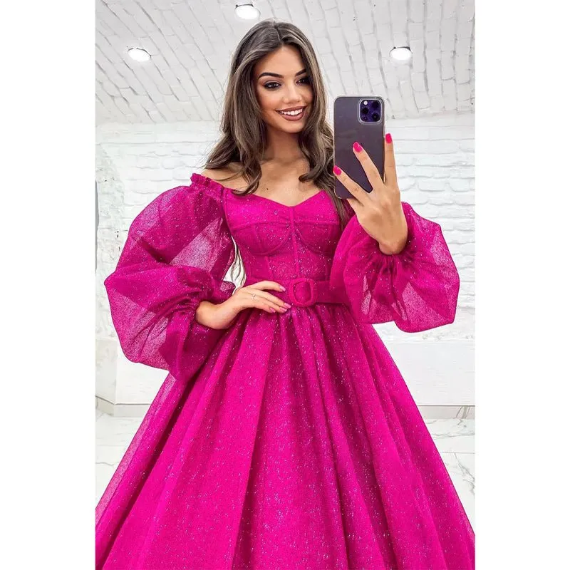 A-line Scoop Long Sleeves Fuchsia Sparkly Prom Dress with Pockets