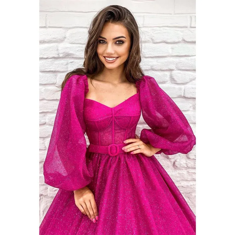 A-line Scoop Long Sleeves Fuchsia Sparkly Prom Dress with Pockets