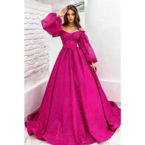 A-line Scoop Long Sleeves Fuchsia Sparkly Prom Dress with Pockets