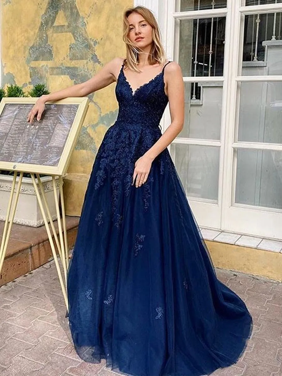 A Line V Neck Backless Navy Blue Lace Long Prom Dresses 2020, Open Back Navy Blue Lace Formal Dresses, Navy Blue Lace Evening Dresses