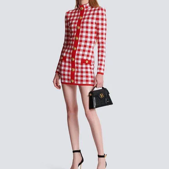 Abby Long Sleeve Gingham Mini Dress with Button Embellishments – Trendy & Chic Style