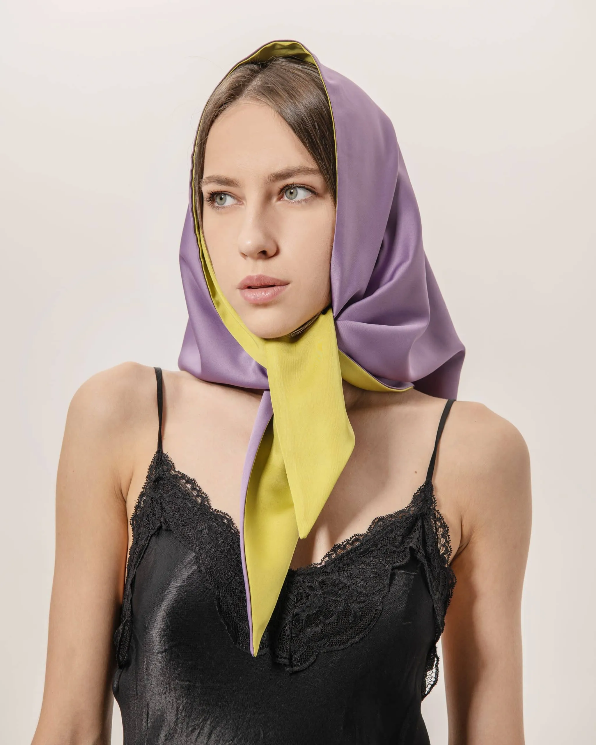 Anna Double-Sided Satin Head Scarf, Olive and Purple