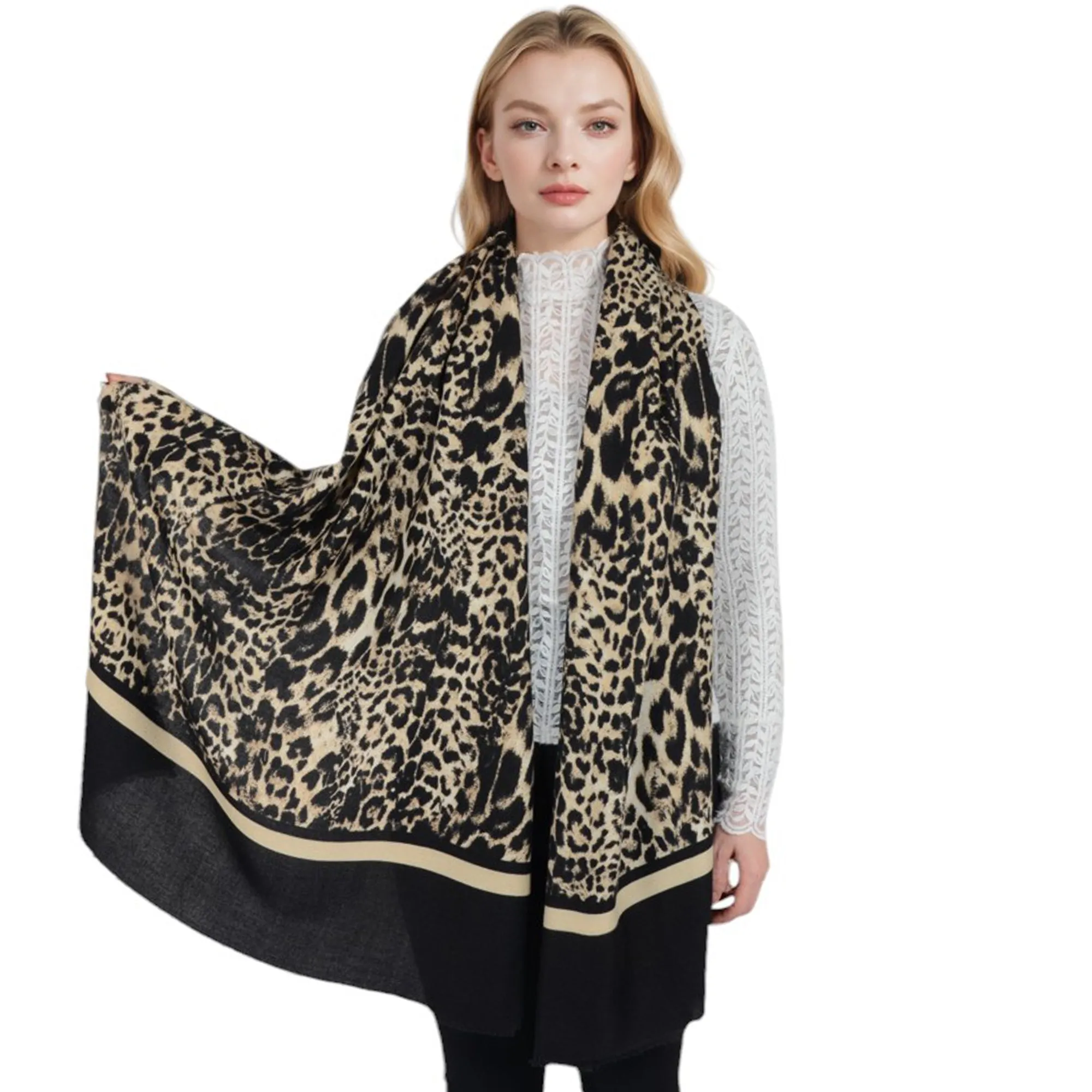 Anna-Kaci Women's Classic Leopard Print Scarf Contrasting Stripes Lightweight Shawl Wrap Scarves