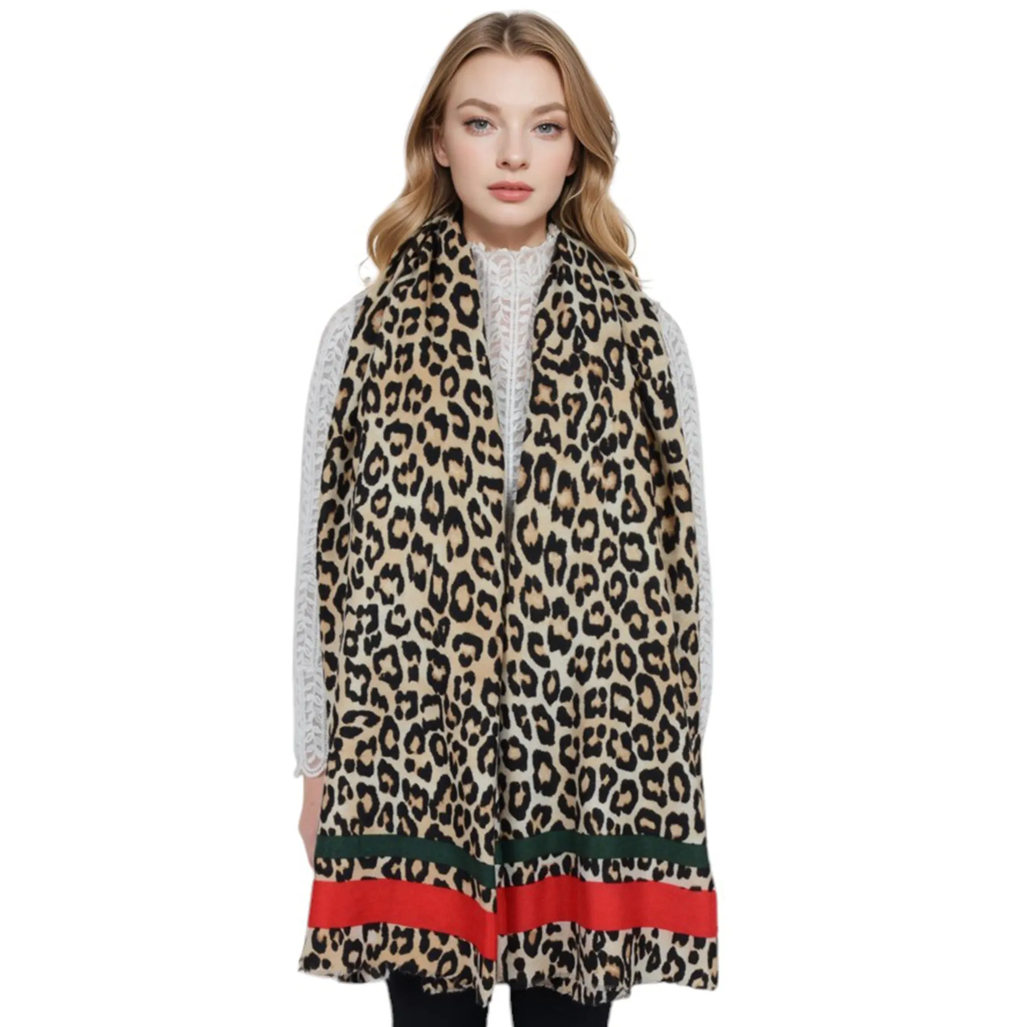 Anna-Kaci Women's Classic Leopard Print Scarf Contrasting Stripes Lightweight Shawl Wrap Scarves