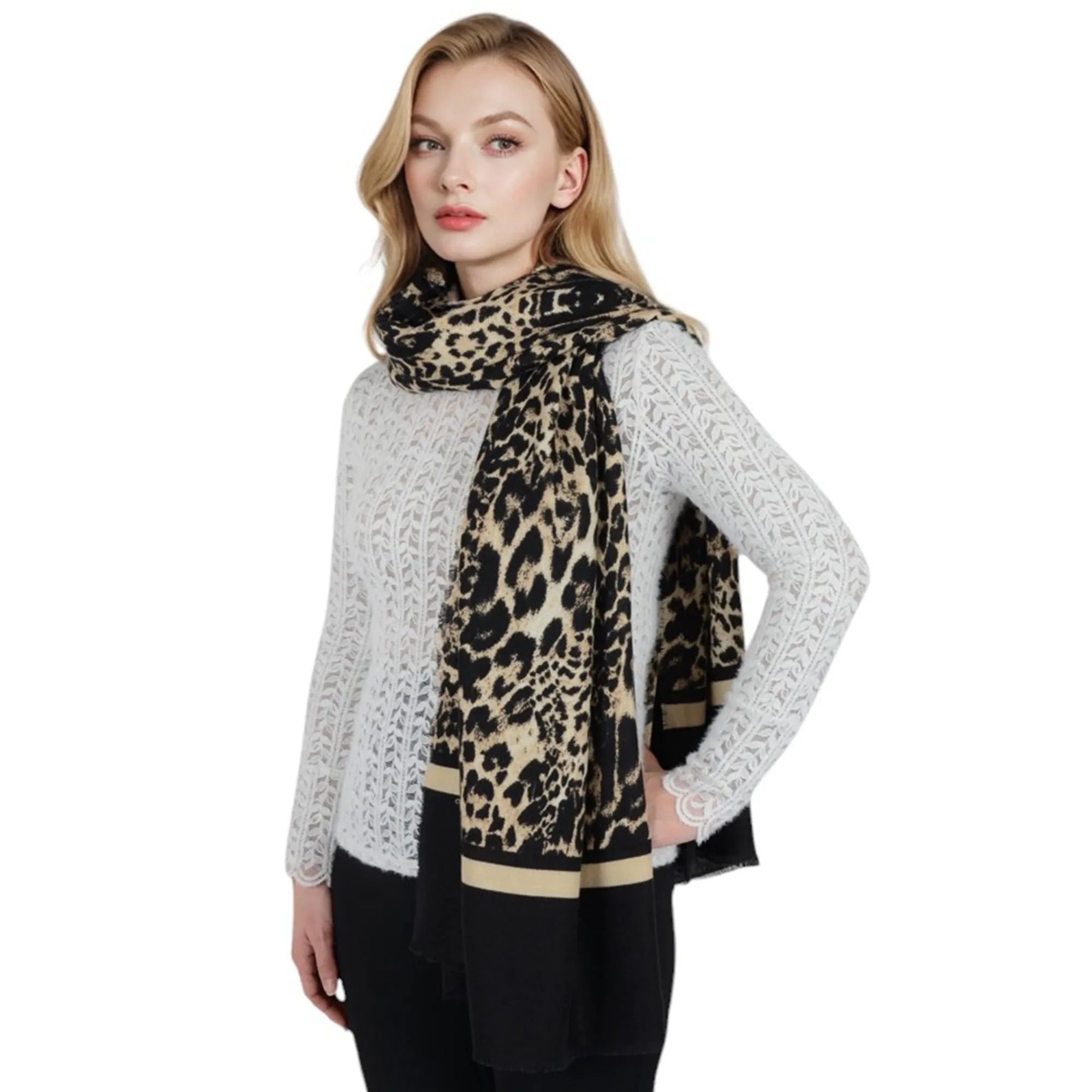 Anna-Kaci Women's Classic Leopard Print Scarf Contrasting Stripes Lightweight Shawl Wrap Scarves