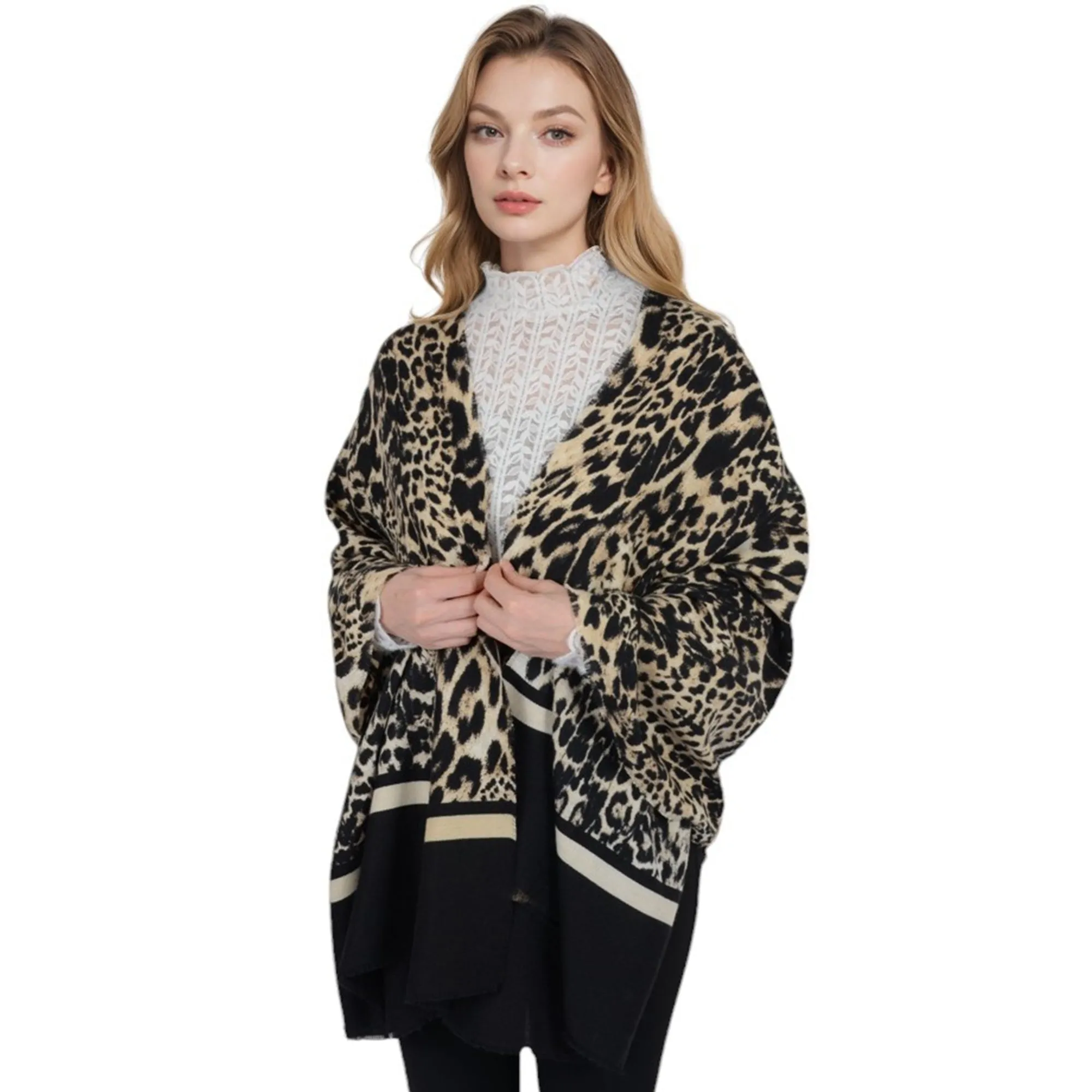 Anna-Kaci Women's Classic Leopard Print Scarf Contrasting Stripes Lightweight Shawl Wrap Scarves