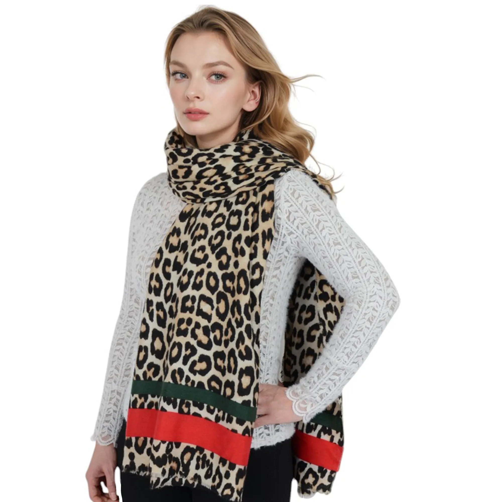 Anna-Kaci Women's Classic Leopard Print Scarf Contrasting Stripes Lightweight Shawl Wrap Scarves