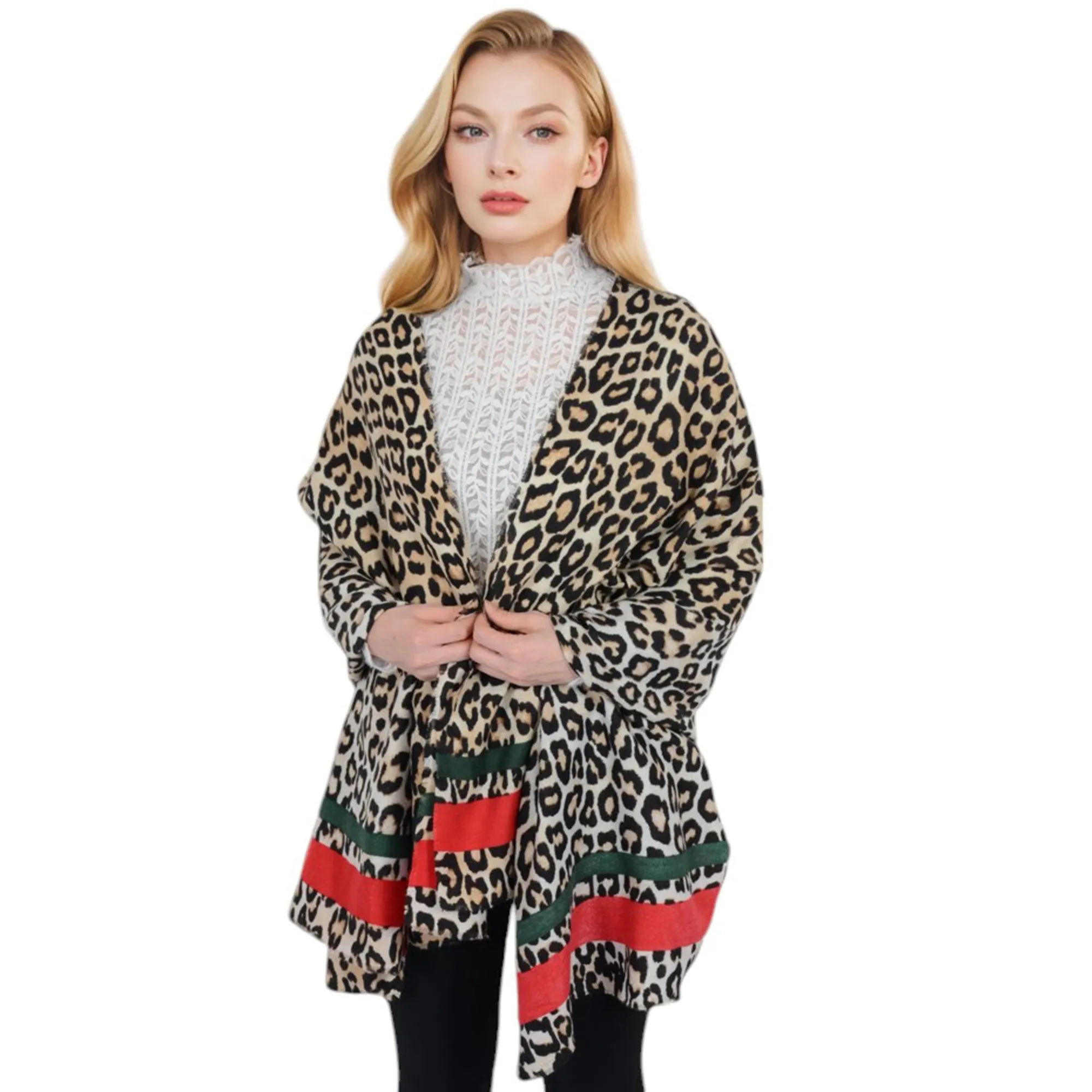 Anna-Kaci Women's Classic Leopard Print Scarf Contrasting Stripes Lightweight Shawl Wrap Scarves