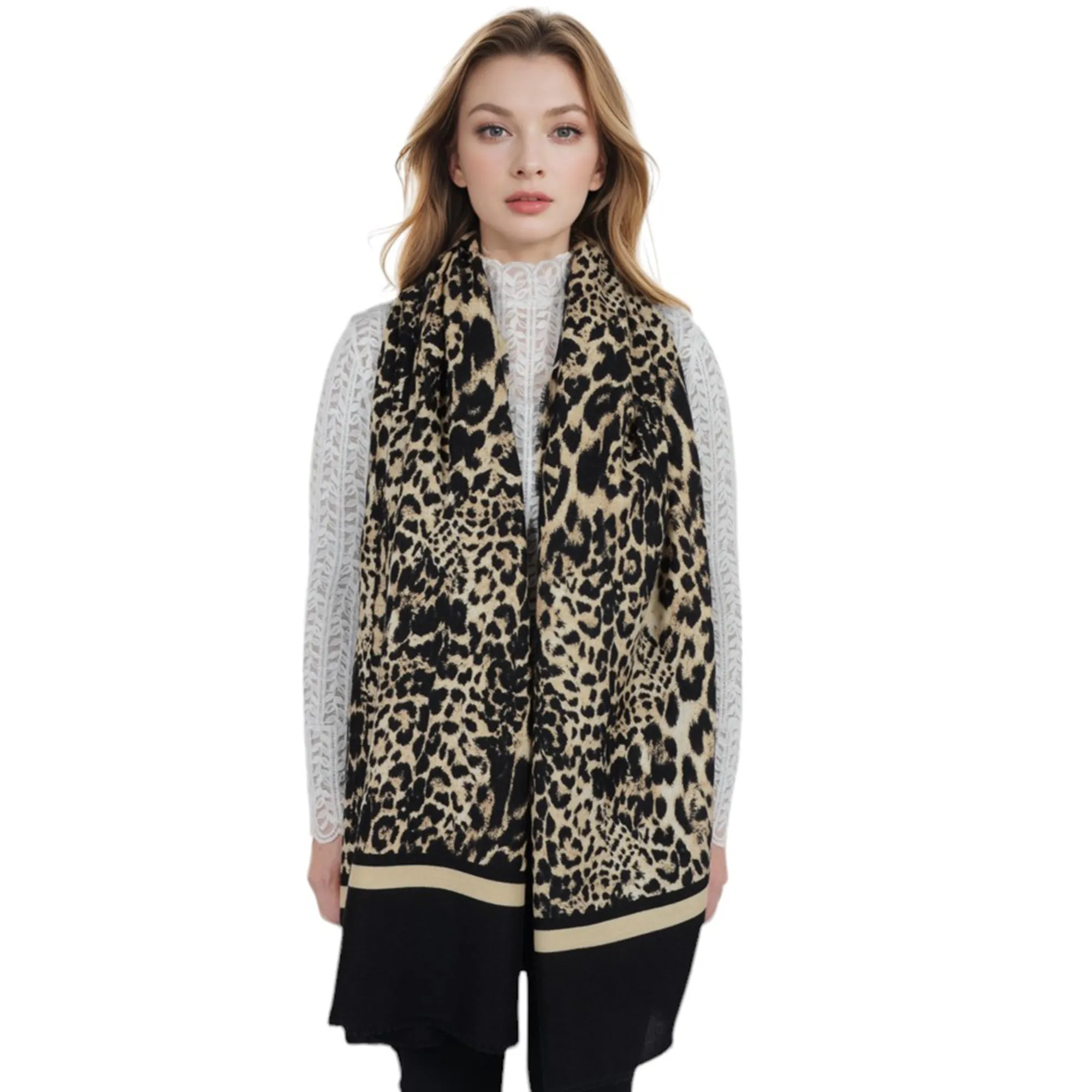 Anna-Kaci Women's Classic Leopard Print Scarf Contrasting Stripes Lightweight Shawl Wrap Scarves