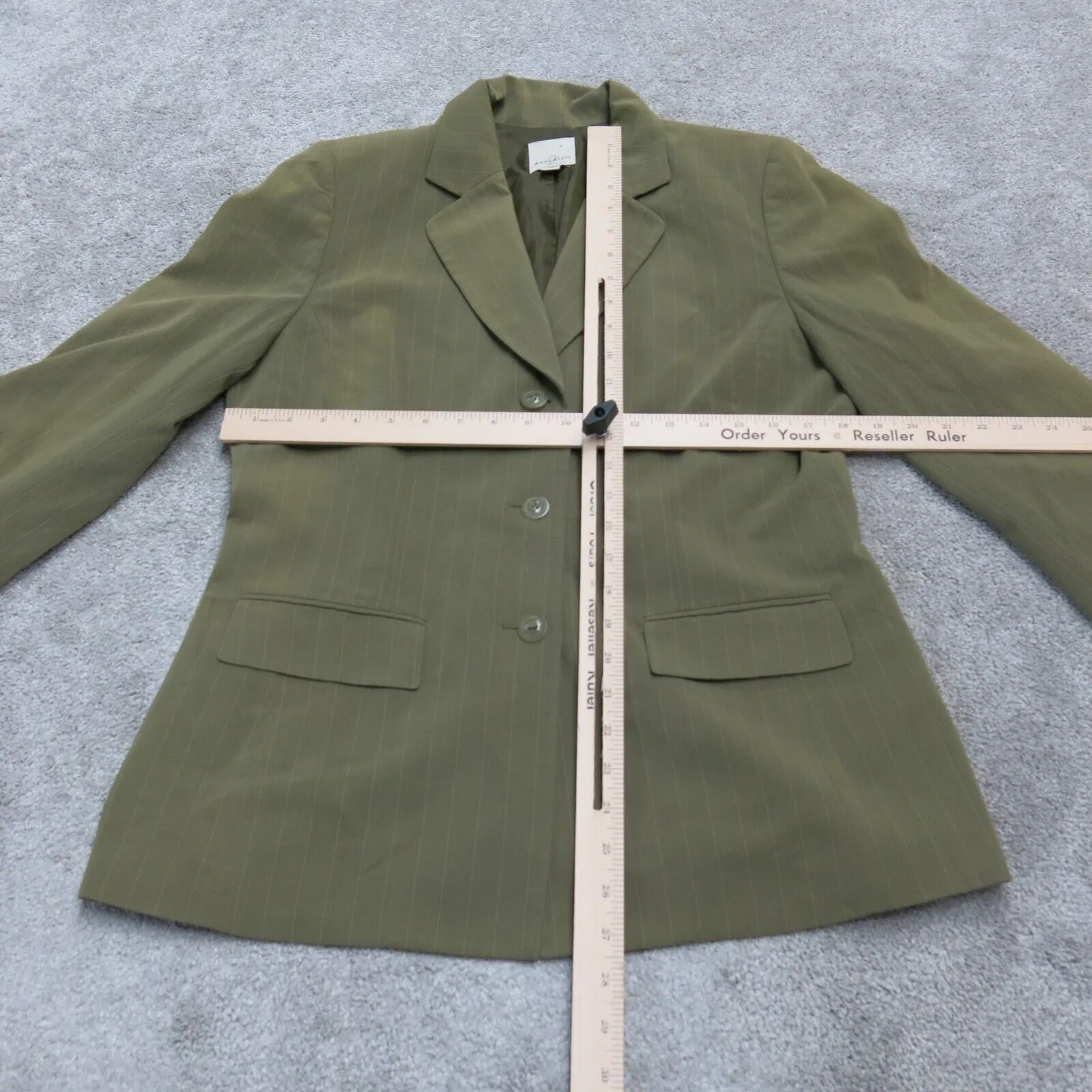 Anne Klein Womens Blazer Coat Striped Front 3 Button Long Sleeve Green Size 10