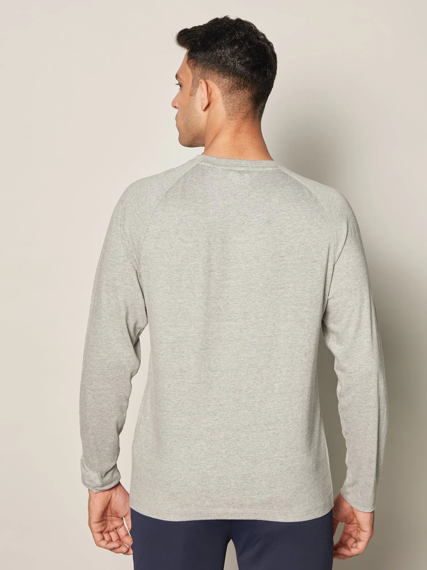 Anti Odor Cotton Long Sleeve Round Neck T-Shirt - Mid Grey Melange