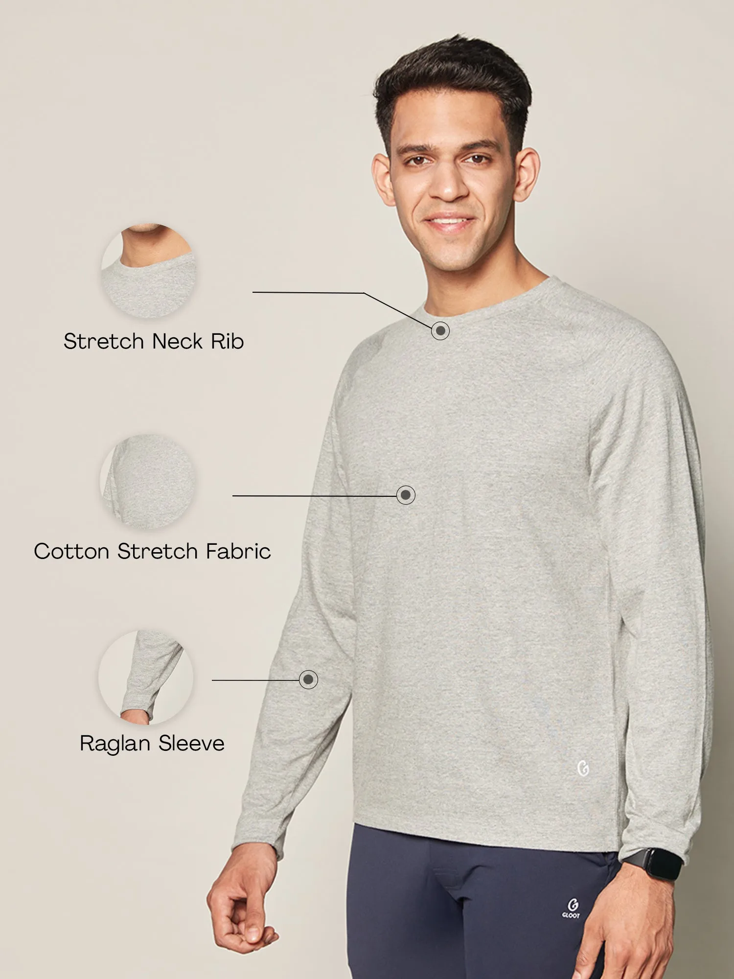 Anti Odor Cotton Long Sleeve Round Neck T-Shirt - Mid Grey Melange