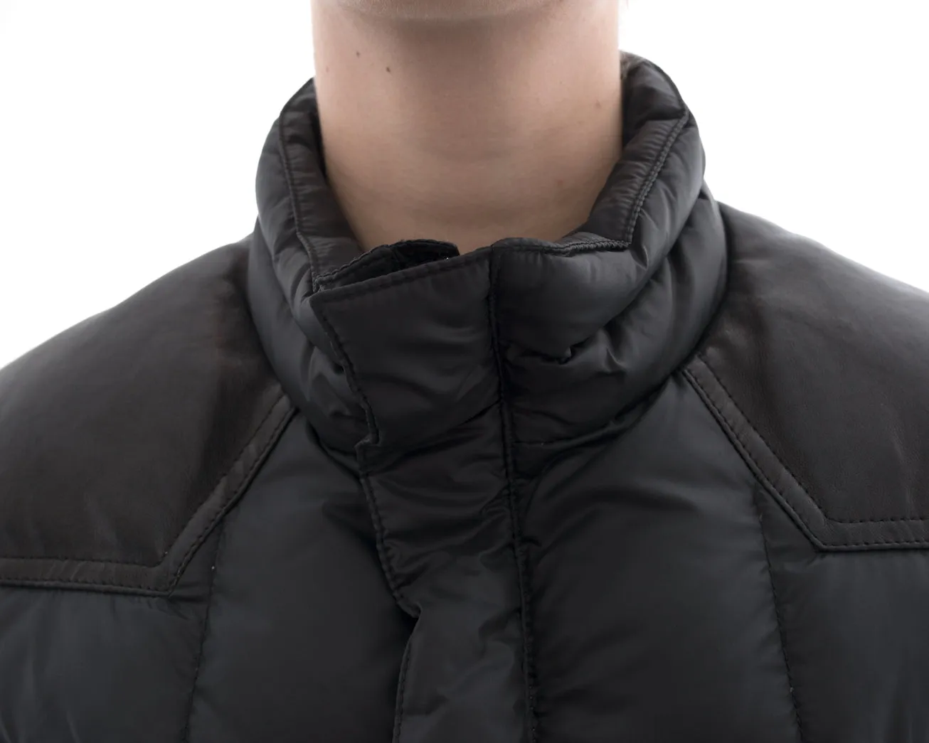 Balmain Black Puffer Zip Coat with Leather Trim – 4