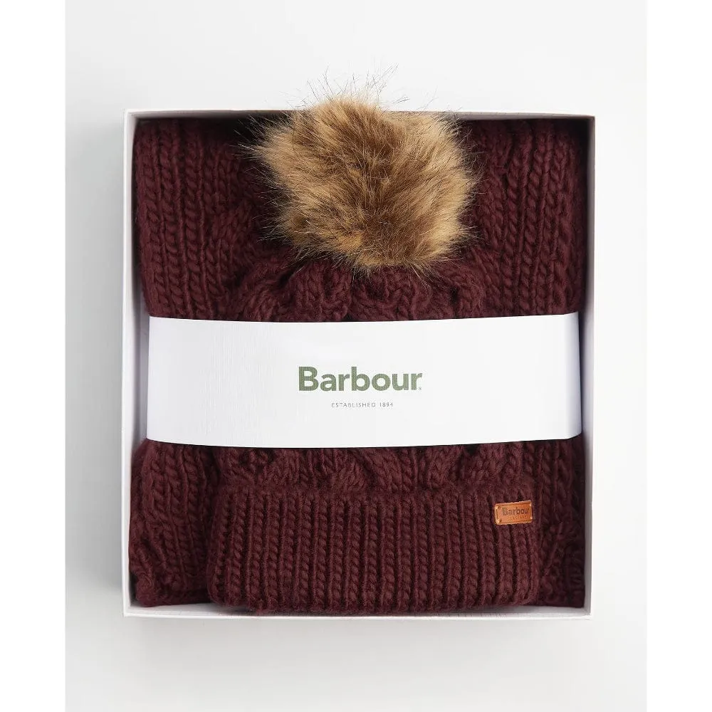 Barbour Penshaw Beanie & Scarf Set in Bordeaux