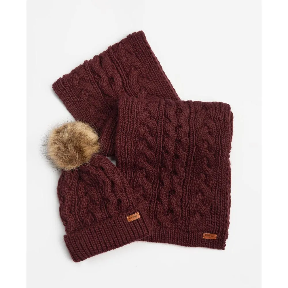 Barbour Penshaw Beanie & Scarf Set in Bordeaux