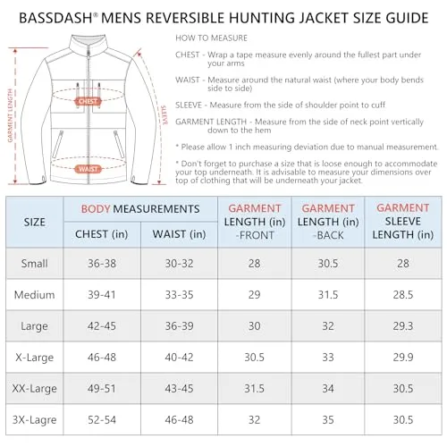 BASSDASH Men’s Reversible Insulated Hunting Jacket Lightweight Silent Water Resistant Windproof Camo Fishing Winter Coat