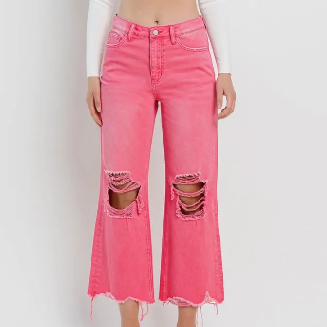 Billie 90's Distressed Vintage Crop Jeans in Hot Pink