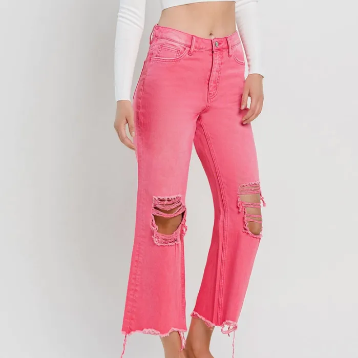 Billie 90's Distressed Vintage Crop Jeans in Hot Pink