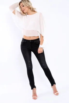 Black Denim Skinny Jeans with Frayed Eyelet Hems - Dani