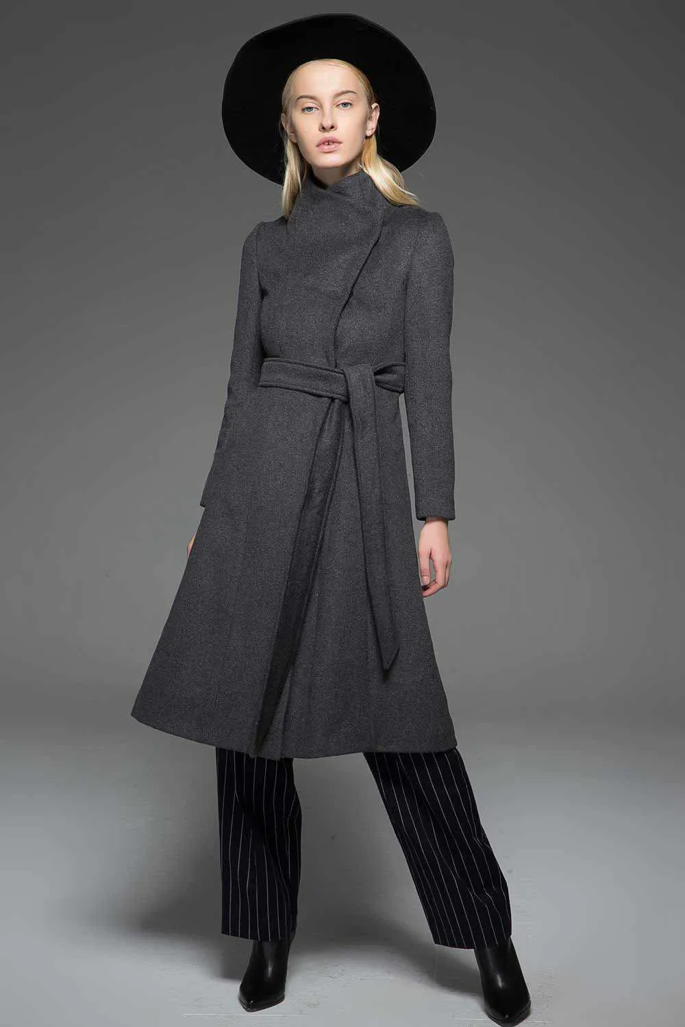 black hooded winter long wool coat C706