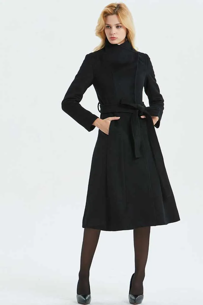 black hooded winter long wool coat C706