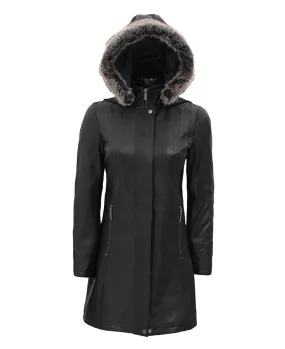 Black Leather Coat With Fur Trim  Hooded Leather Coat