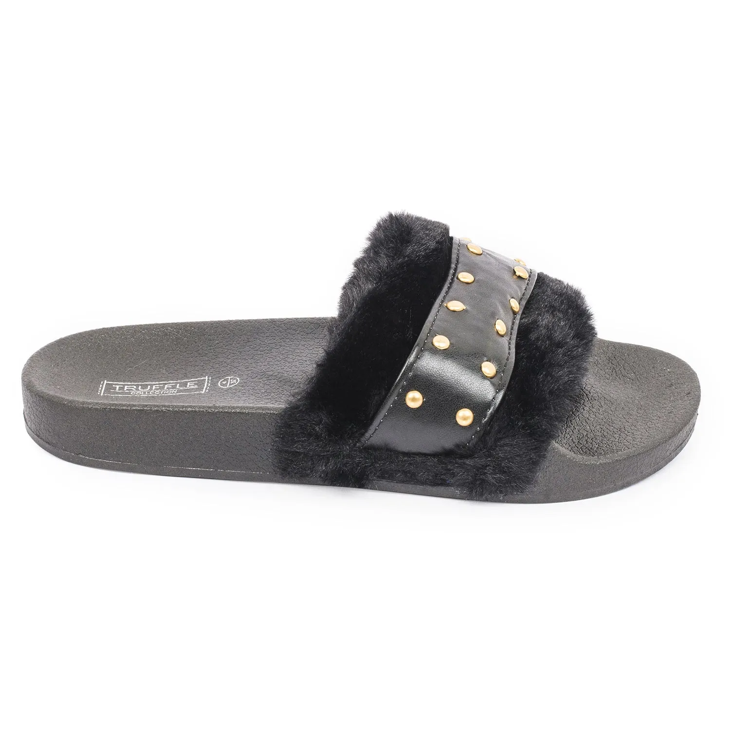 Black Studded Fur Flat Sliders