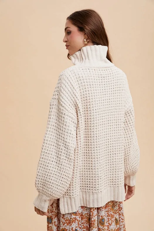 Box Weave Chunky Turtleneck Sweater CREME