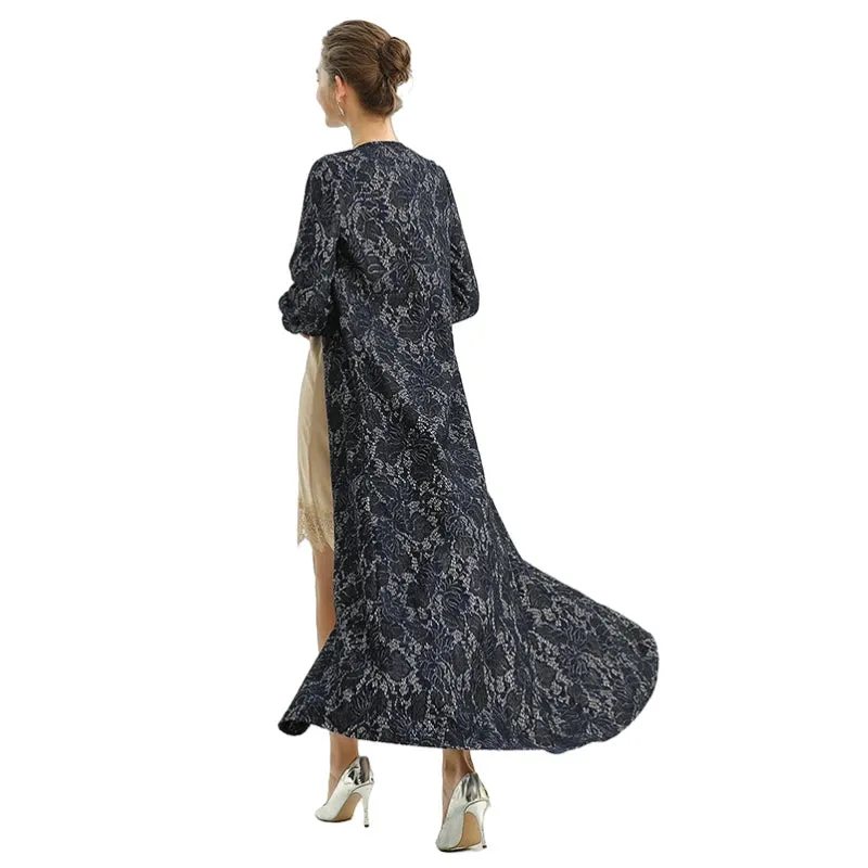 C165 Women bonded sequinned lace long sleeves evening maxi robe dress