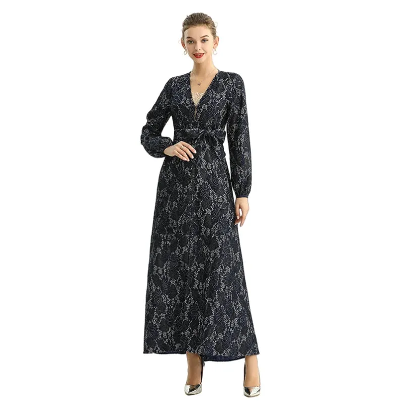 C165 Women bonded sequinned lace long sleeves evening maxi robe dress