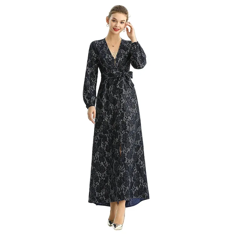 C165 Women bonded sequinned lace long sleeves evening maxi robe dress