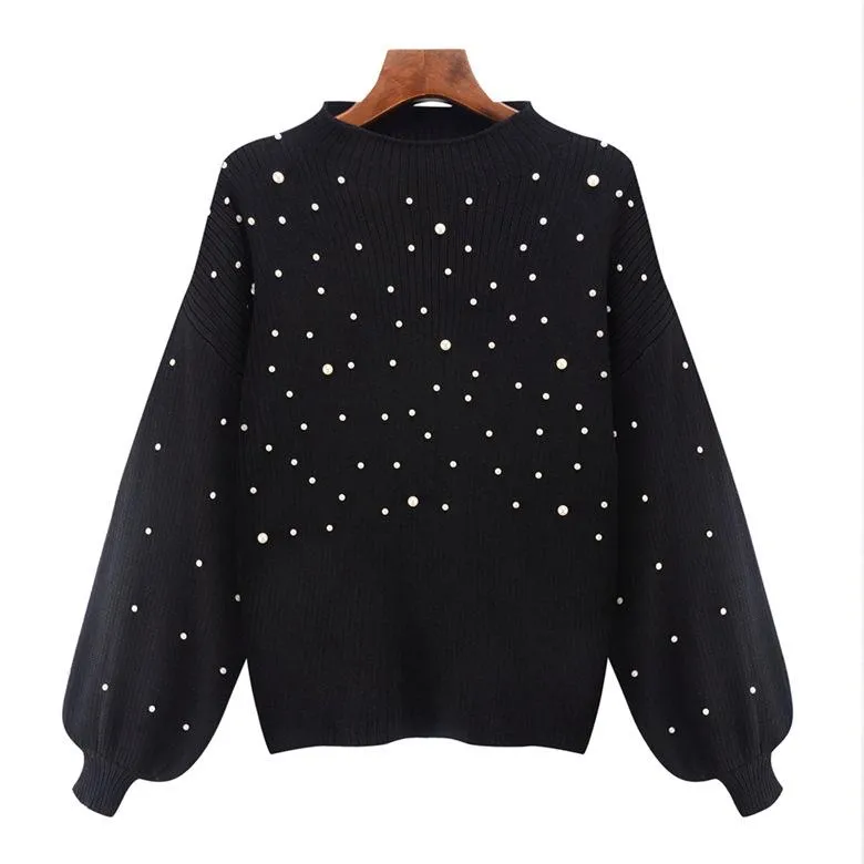 Casual Autumn Turtleneck Beading Knitted Pearl Pullover