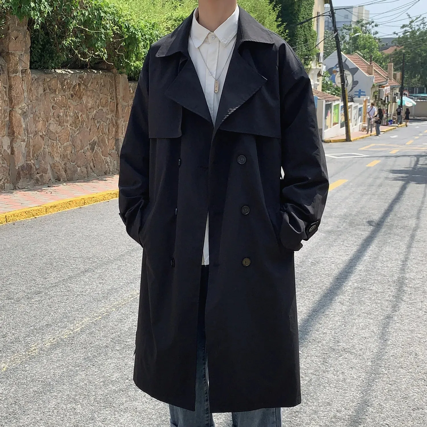 Chicmy-Korean style Spring Trench Coat Male Streetwear Windbreaker Trenchcoat Men Solid Business Casual Loose Long Overcoat