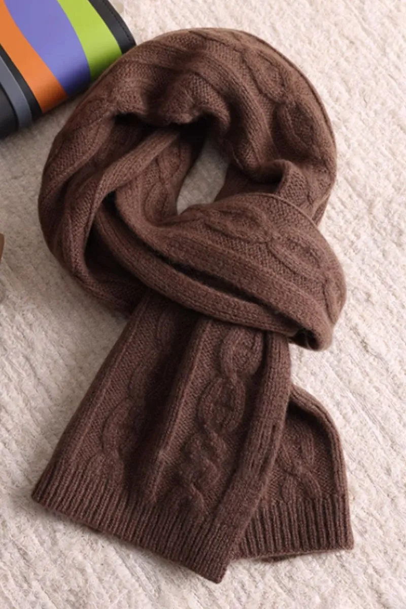 Chunky Cable Knit Merino Wool Scarf with Ribbed Trim