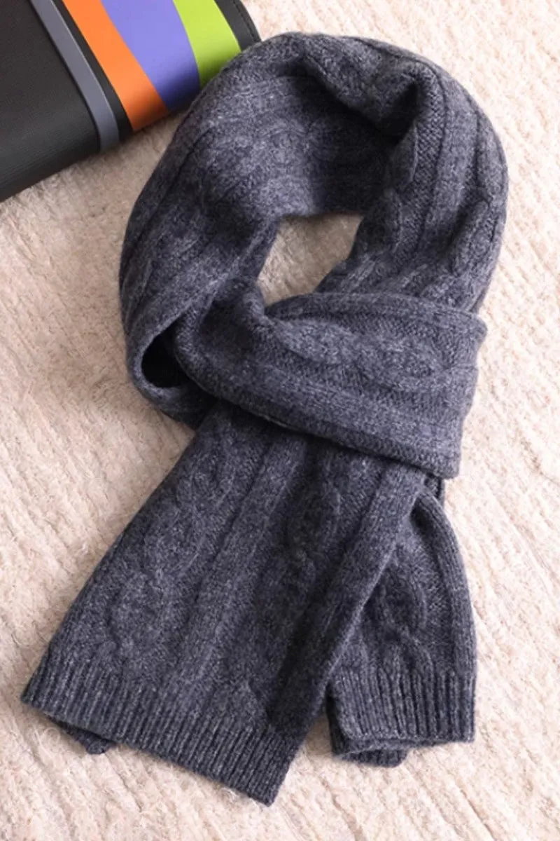 Chunky Cable Knit Merino Wool Scarf with Ribbed Trim