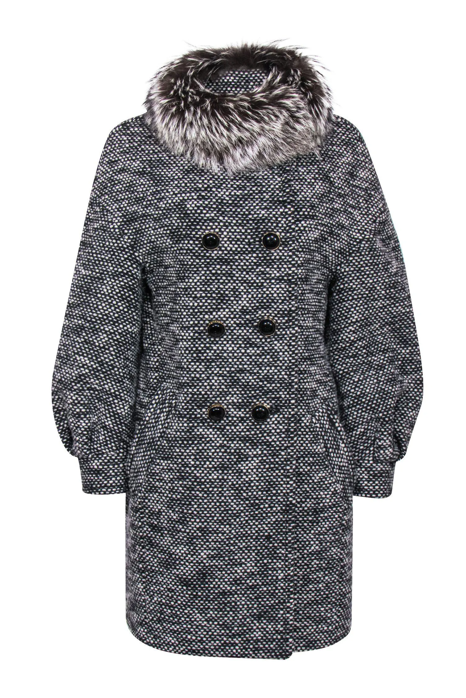 Coach - Black & White Knit Puff Sleeve Longline Coat w/ Fox Fur Collar Sz S