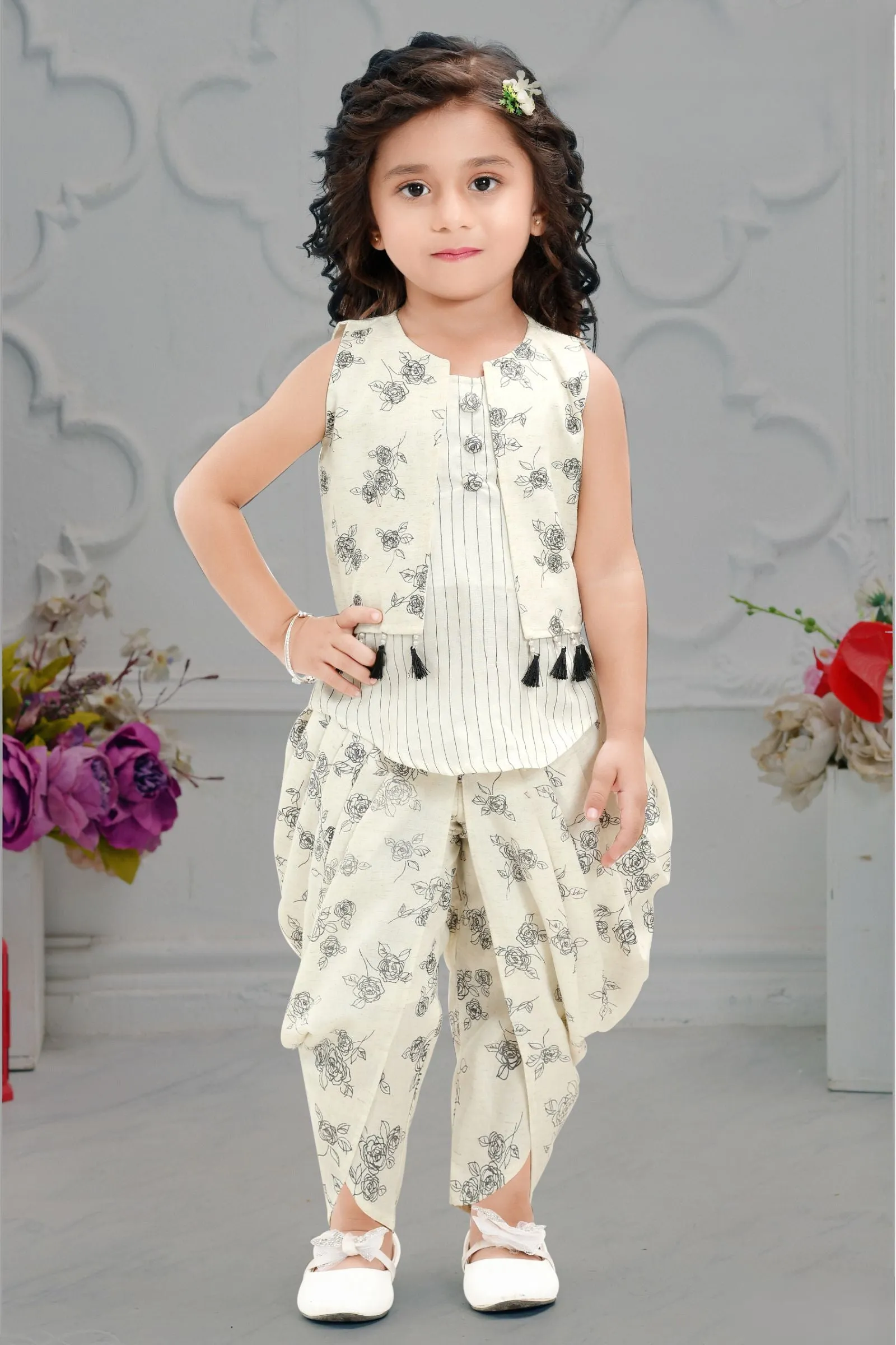 Cream Digital Print Overcoat with Dhoti Style Top for Girls