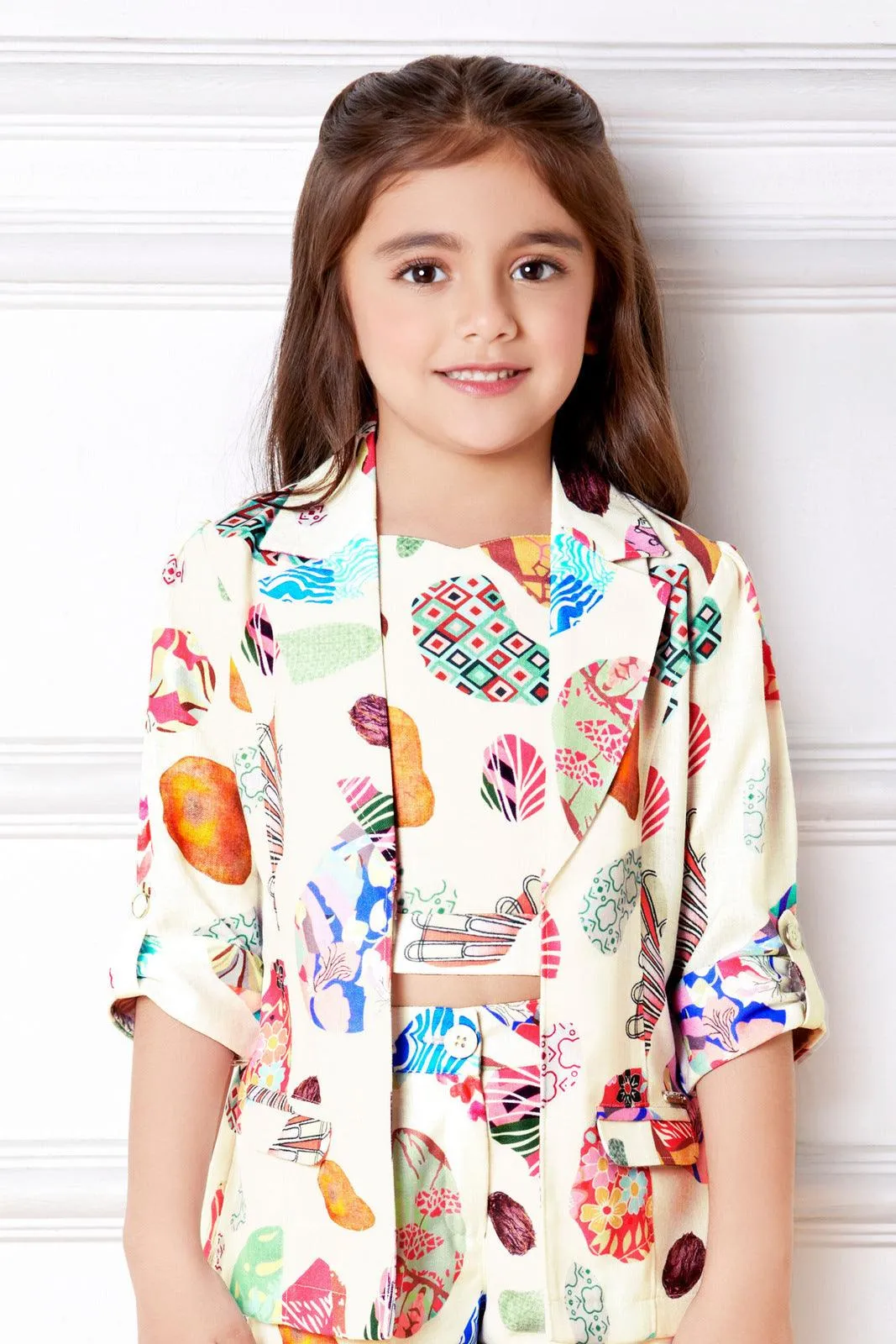 Cream with Multicolor Digital Print Overcoat Styled with Shorts Co-ord Set for Girls