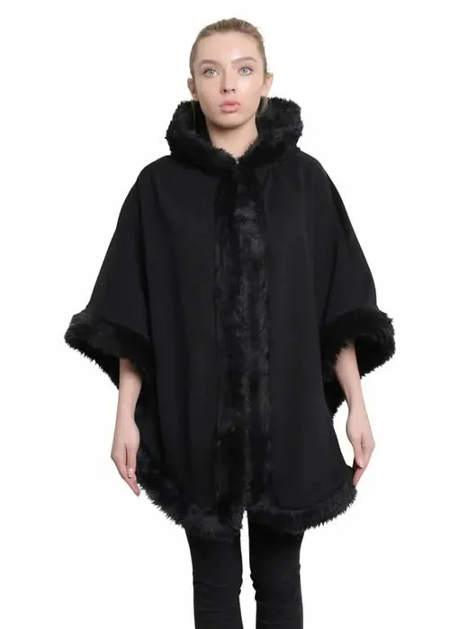 De La Creme - Womens Wool & Cashmere Blend Fur Lined Hooded Cape