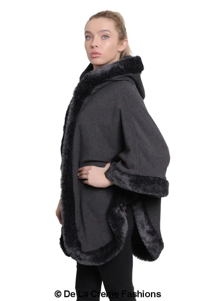 De La Creme - Womens Wool & Cashmere Blend Fur Lined Hooded Cape