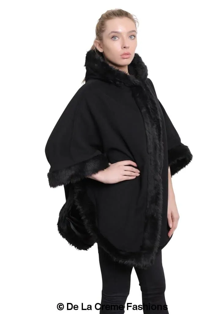 De La Creme - Womens Wool & Cashmere Blend Fur Lined Hooded Cape