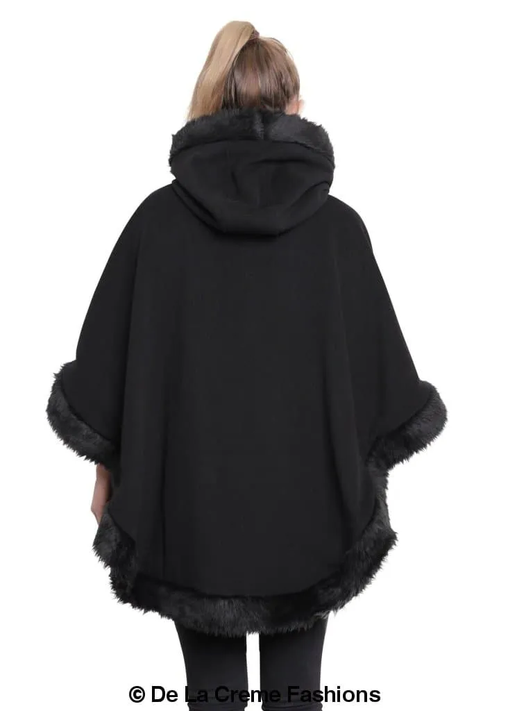 De La Creme - Womens Wool & Cashmere Blend Fur Lined Hooded Cape