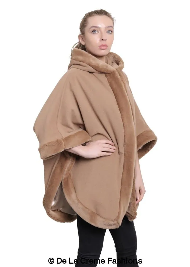 De La Creme - Womens Wool & Cashmere Blend Fur Lined Hooded Cape