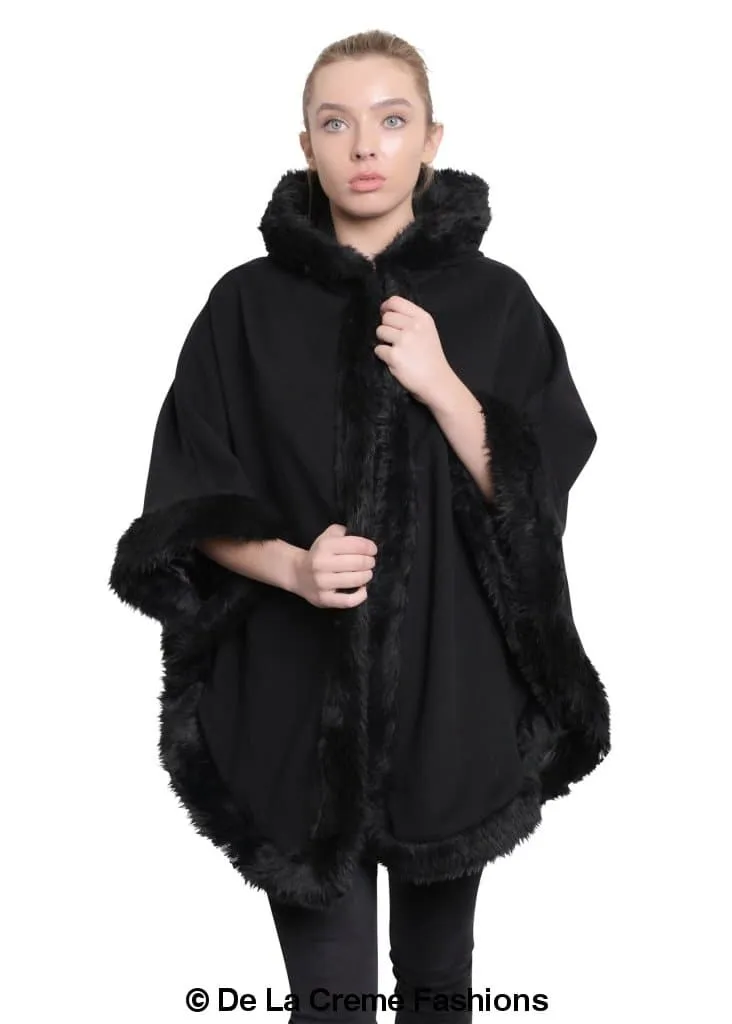 De La Creme - Womens Wool & Cashmere Blend Fur Lined Hooded Cape