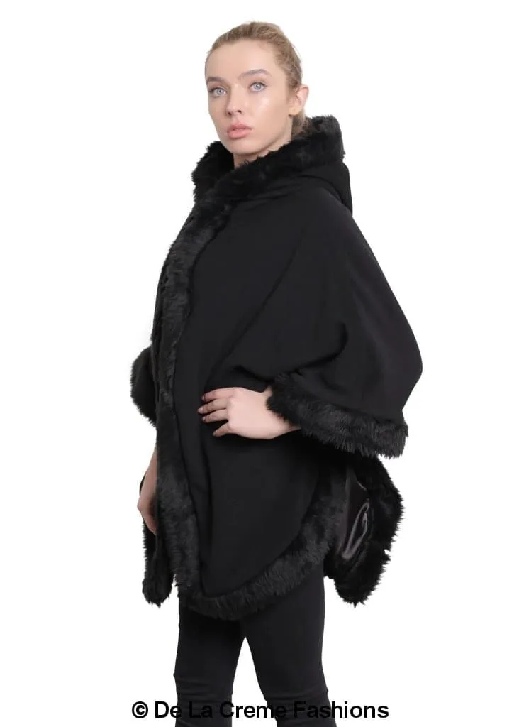 De La Creme - Womens Wool & Cashmere Blend Fur Lined Hooded Cape