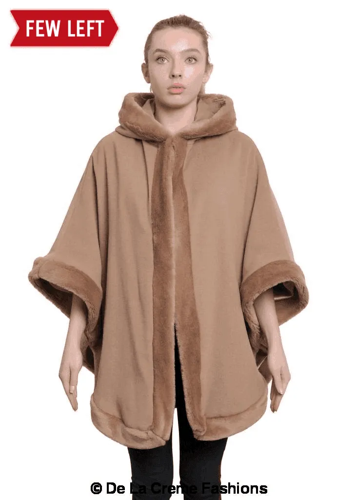 De La Creme - Womens Wool & Cashmere Blend Fur Lined Hooded Cape