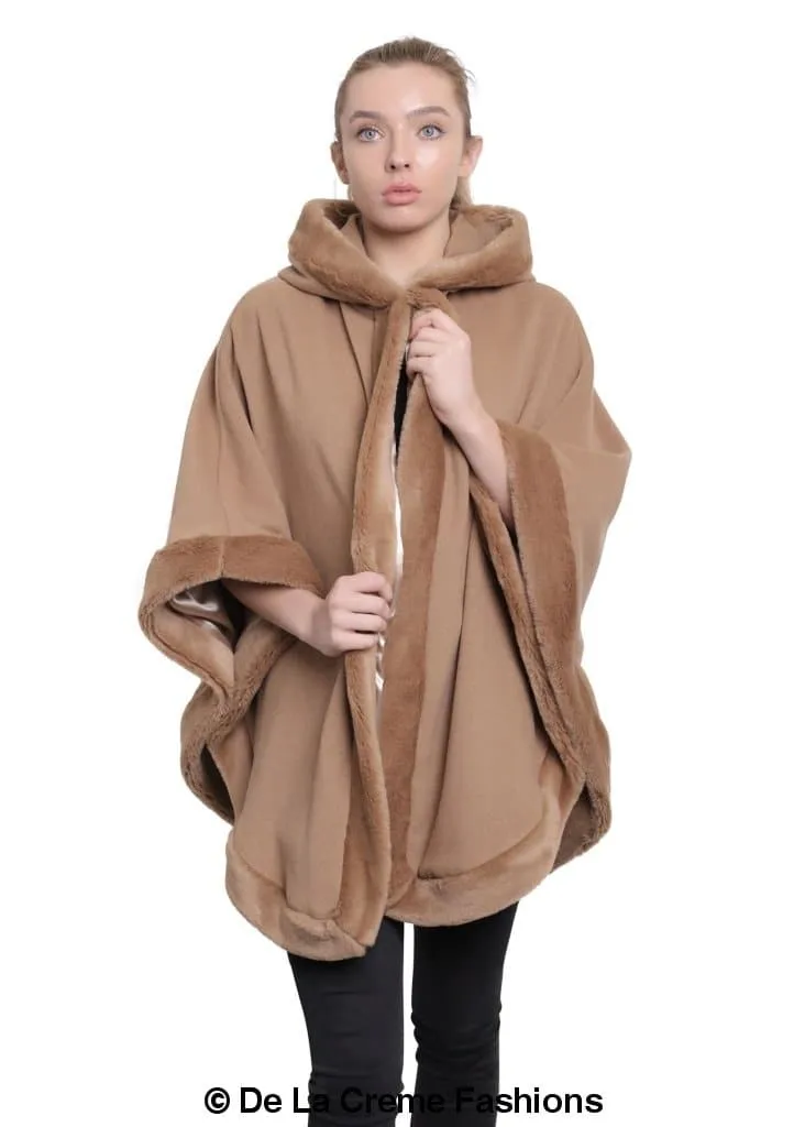 De La Creme - Womens Wool & Cashmere Blend Fur Lined Hooded Cape