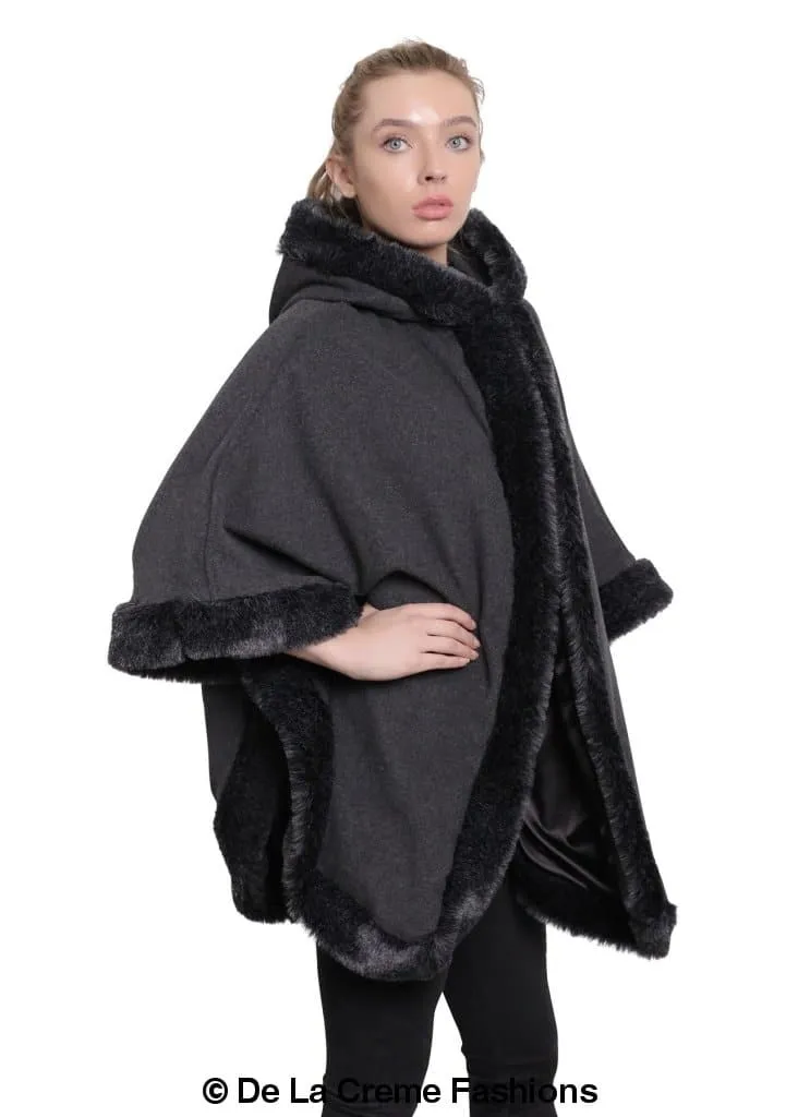 De La Creme - Womens Wool & Cashmere Blend Fur Lined Hooded Cape